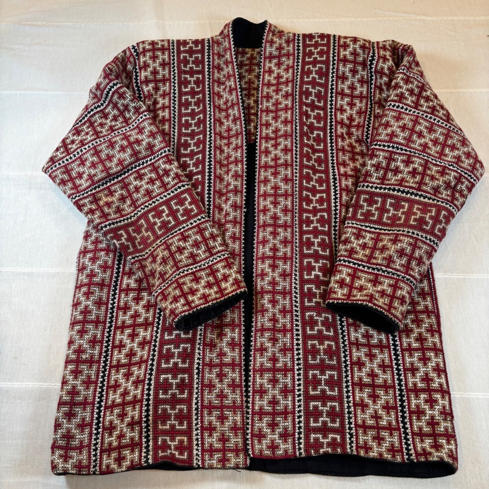 Vintage Hmong Embroidered Folk Jacket Red Black Geometric Textile Coat